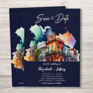 Nola Watercolor New Orleans Bröllop spara datum Inbjudningar
