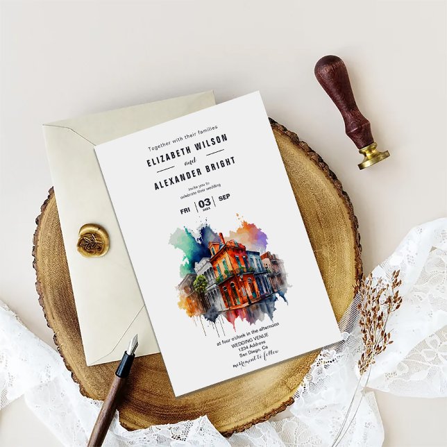 Nola Watercolor New Orleans City Louisiana Bröllop Inbjudningar (Skapare uppladdad)