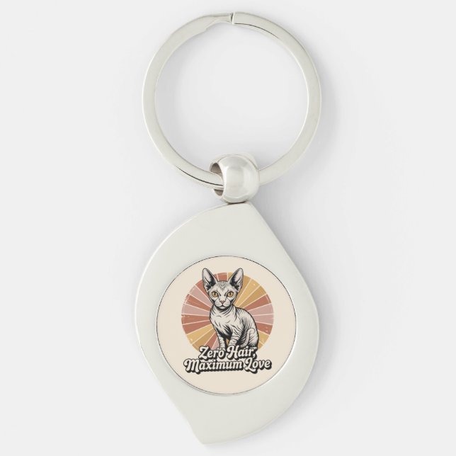 Noll Hår Maximal Kärlek Sphynx Retro Swirl Silverfärgad Nyckelring (Framsidan)
