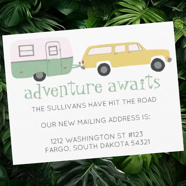 NOMAD Ny postadress ÄVENTYR VÄNTAR Husbil Vykort (Perfect custom card for nomads to announce they have hit the road and have a new mailing address. )