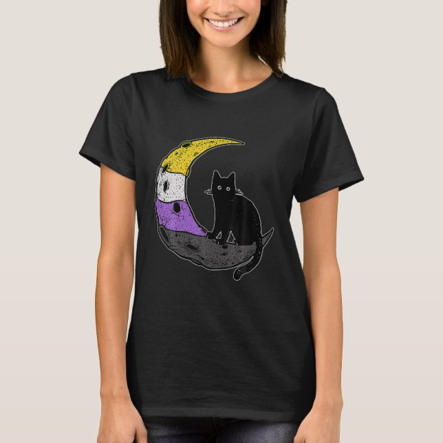 Nonbinary Moon Space Cat Lgbt Pride T Shirt (Framsida)