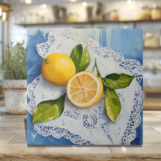 Nonnas italienska spetsar och citroner kakelplatta (Nonna's Lace and Lemons Ceramic Trivet - Italian nostalgia and heritage gift)
