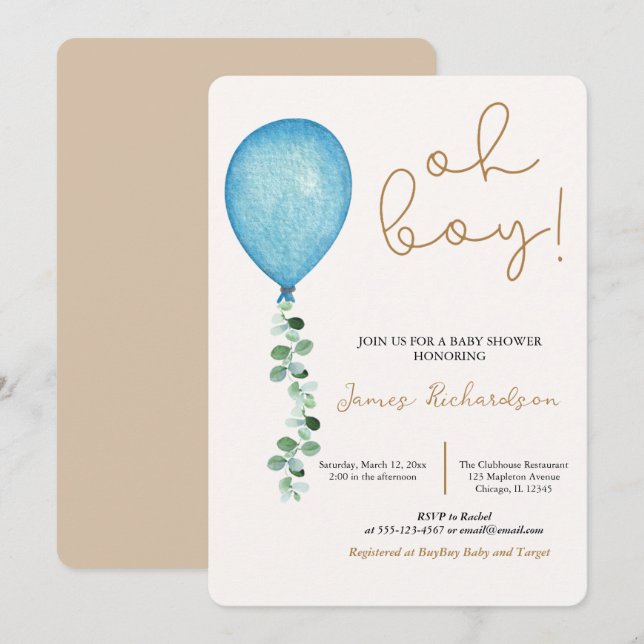Noño beige modernos globos azules bebé inbjudningar (Fram/baksida)