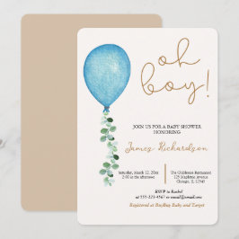 Noño beige modernos globos azules bebé inbjudningar