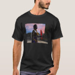 NORA CYBER WARRIOR HOLDING MACAW Science fiction Tee<br><div class="desc">Svart tatuerad skönhet med elegant gyllene juveler med färgad röd papegoja,  under rosa kosmisk himlar med blå planeter.Konstnärlig animering ram från Hyperion World 3d animation sci-fi-film .Bulgan Lumini (c)</div>