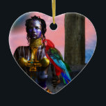 NORA CYBER WARRIOR OCH MACAW Science fiction Heart Julgransprydnad Keramik<br><div class="desc">Svart tatuerad skönhet med elegant gyllene smycken med hennes färgade röda papegoja,  under rosa kosmisk himlar med blå planeter.Konstnärlig animering ram från Hyperion World 3d animation sci-fi-film .</div>