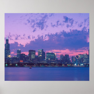 Nordamerika, USA, IL. Chicago skyline vid dusk Poster