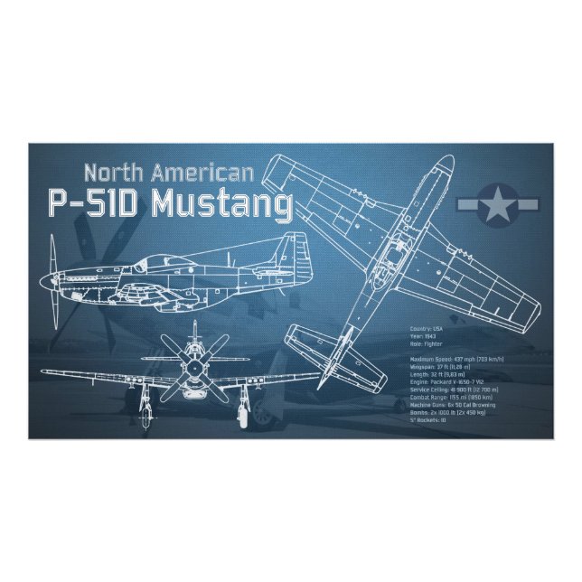 Nordamerikansk P-51D Mustang Blueprint Fototryck (Framsidan)