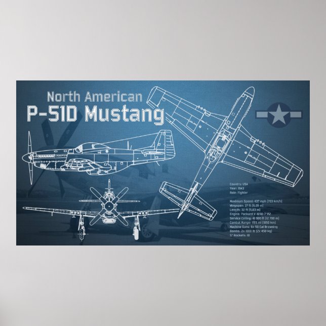 Nordamerikansk P-51D Mustang Blueprint Poster (Framsidan)