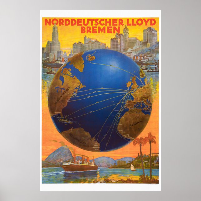 Norddeutscher Lloyd Bremen Tyskland 1920 Vintage Poster (Framsidan)