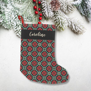 Nordic Blommigt Poinsettia Red Grönt Black Anpassn Liten Julstrumpa