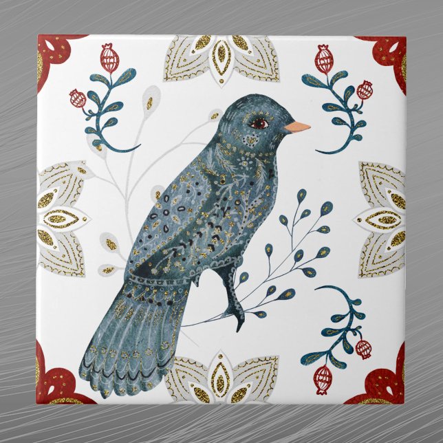 Nordic Blue Bird Watercolor Folk Art Kakelplatta (Skapare uppladdad)