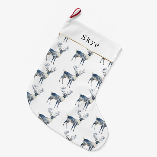 Nordic Blue White Deer Christmas Stor Julstrumpa (Framsidan (Hängande))