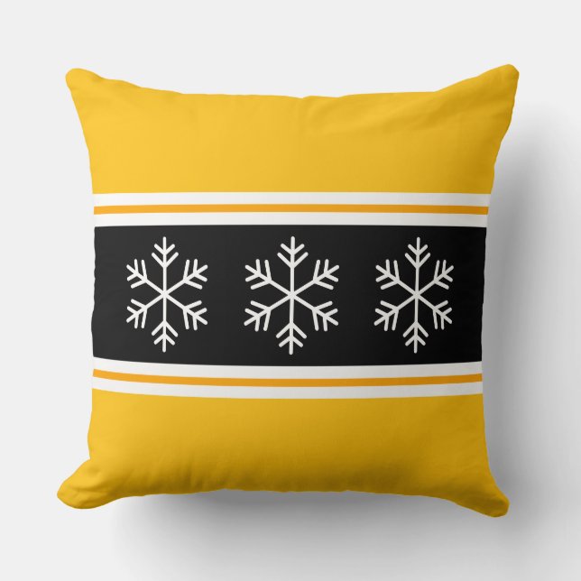 Nordic Bright Yellow Black Stripes Big Snowflakes Kudde (Framsida)