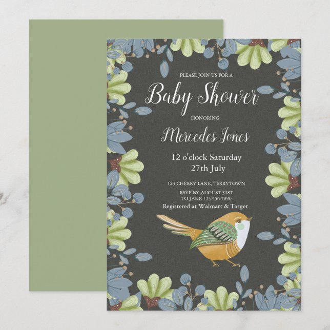 Nordic Folk Art Blommigt Bird Baby Shower Sage Grö Inbjudningar (Fram/baksida)