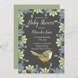 Nordic Folk Art Blommigt Bird Baby Shower Sage Grö Inbjudningar