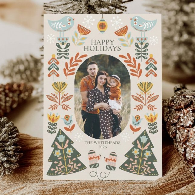 Nordic Folk Art Christmas Oval Photo Julkort (This holiday card features a Folksy Chic, Scandinavian/Nordic-inspired aesthetic.)