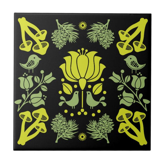 Nordic Forest Mushroom Folk Art Kakelplatta (Framsidan)