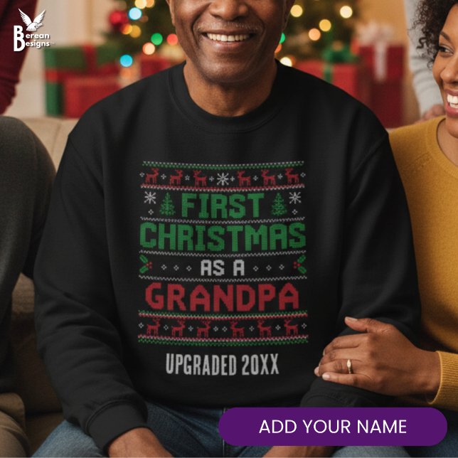 Nordic Knit Style FIRST CHRISTMAS AS GRANDPA Lång Ärmad Tröja (FIRST GRANDPA CHRISTMAS Ugly Christmas Jumper with custom name. Ideal festive gift for a new gramps)