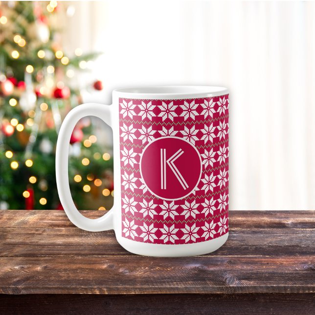 Nordic Mönster Crimson Red Customized Monogram Kaffemugg (Edit the mug with your initial.)
