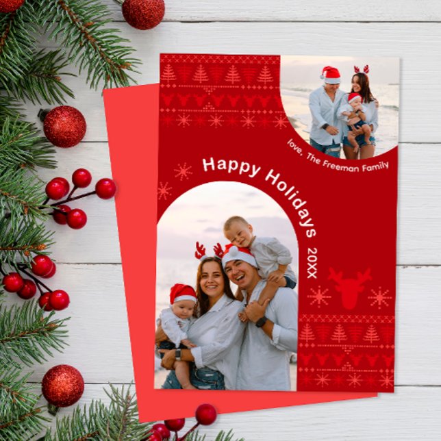 Nordic Red Arch Two Photo Helgdag Card Julkort (Fun Modern Christmas Card)