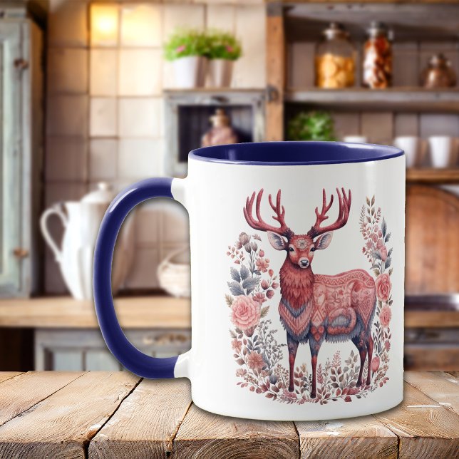 Nordic Winter Reindeer Rosa Blue Monogram Mugg (Skapare uppladdad)