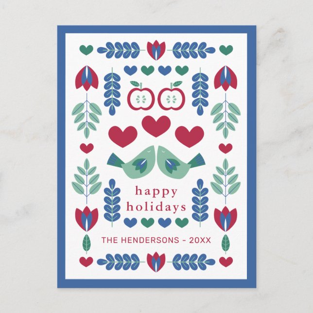 Nordisk folkart Birds & Löv Lycklig Helg Vykort (Framsida)