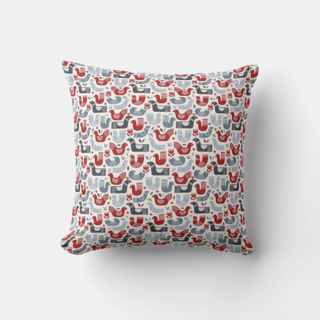 Nordisk folkart Red Blue Birds and Flowers Kudde (Framsida)