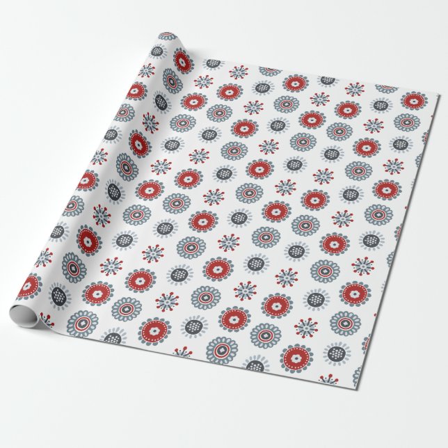 Nordisk folkart Red Blue Circles and Flowers Presentpapper (Utrullad)