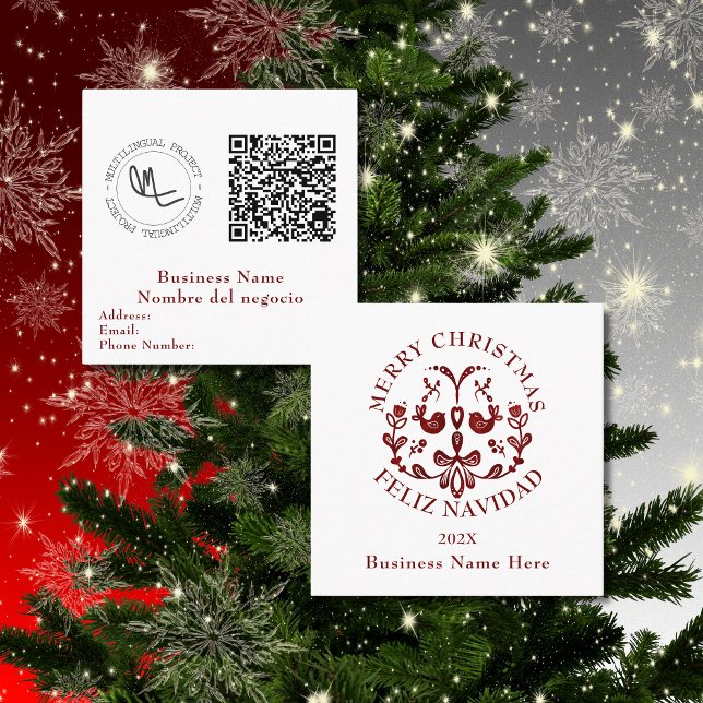 Nordisk jul Bilingual Spain Burgundy Fyrkantigt Visitkort (Business Christmas cards Bilingual, Spanish custom text & details, QR code. Multilingual Project)