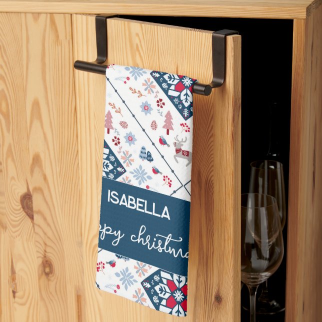 Nordisk jul med Snöflingor och renar Kökshandduk (Thirds Fold)