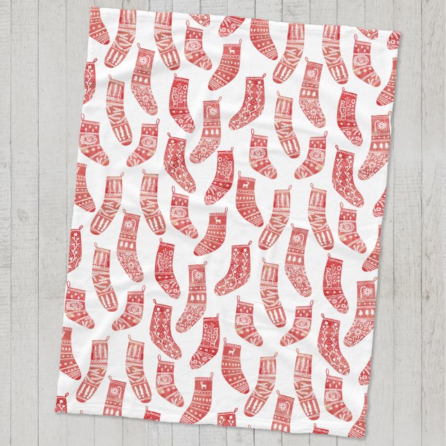 Nordisk julklapp fleecefilt (Nordic Stockings red and white Scandinavian festive Christmas pattern cozy fleece blanket)