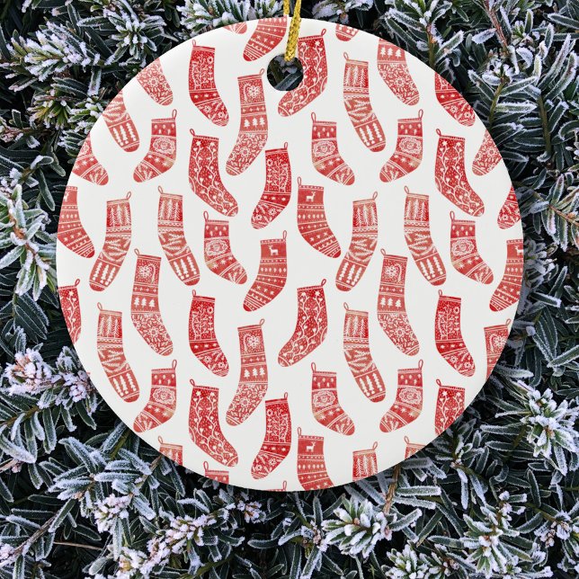 Nordisk julklapp Mönster Julgransprydnad Keramik (Red and white stockings Christmas ornament)