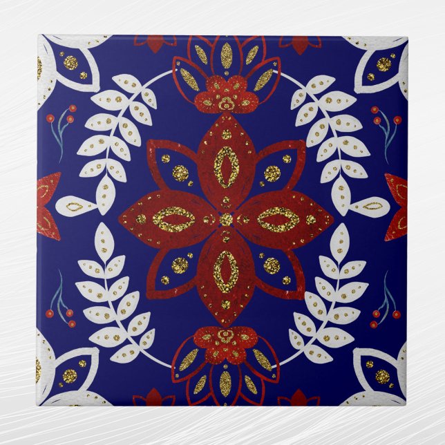 Nordisk marin Blommigt Löv Watercolor Folk Art Kakelplatta (Skapare uppladdad)