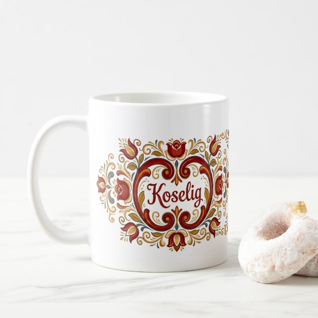Nordisk Rosemålat Mugg, “Koselig” Skandinavisk Des Kaffemugg (Med munk)