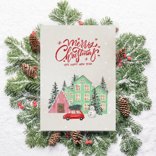 Nordisk snöhus och rödbil jul julkort