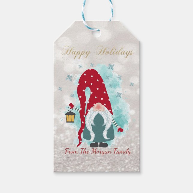 Nordisk söt tomte glitter bokeh presentetikett (Framsidan)