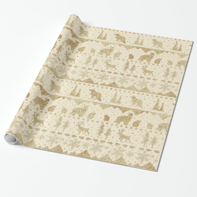 Nordisk sötare Creamy Beige Guld Winter Animals Presentpapper (Utrullad)