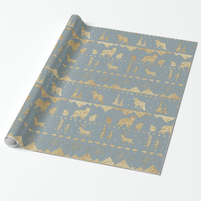 Nordisk sötare Guld Vinterdjur Grått Presentpapper (Utrullad)