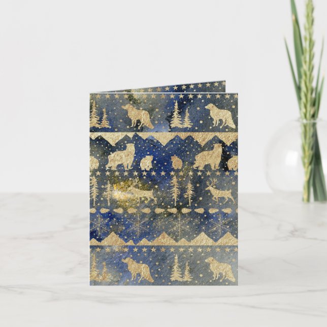 Nordisk sötare Guld Vinterdjur Vinterdjur på kväll Helgkort (Framsida)