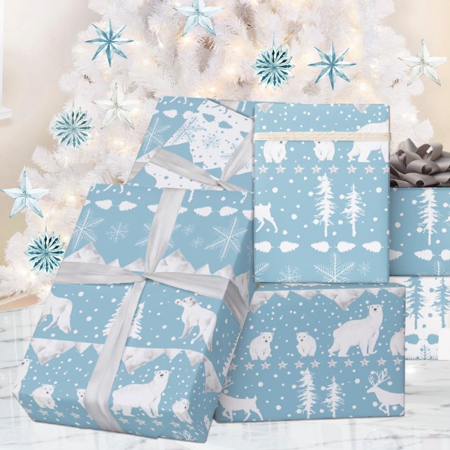 Nordisk sötvattenlevande Vinterdjur Blå himmel Presentpapper (Nordic Sweater Blue & White Winter Animals Christmas Holiday Wrapping Paper Rolls)