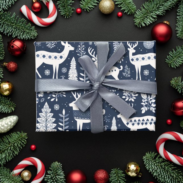 Nordisk Stil Hjort Blå jul Presentpapper (Nordic Style Deer Blue Christmas Wrapping Paper)