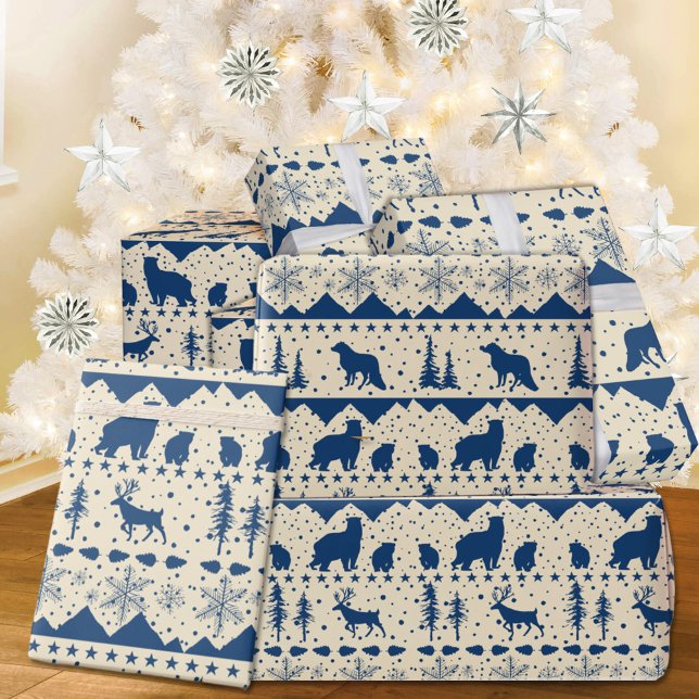 Nordisk sydlig marin blå vinter Animals Beige Presentpapper (Nordic Sweater Creamy White & Blue Winter Animals Christmas Holiday Wrapping Paper Rolls)