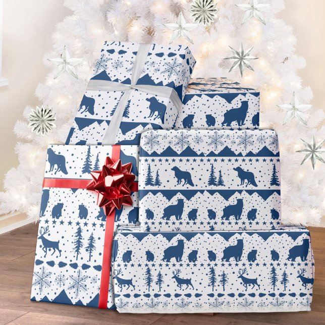 Nordisk sydlig marin blå vinterdjur Vita Presentpapper (Nordic Sweater Theme White & Blue Winter Animals Christmas Holiday Wrapping Paper Rolls)