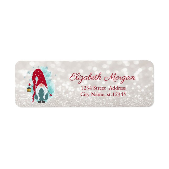 Nordisk Tomte Snöflingor Glittrande Bokeh Returadress Etikett (Framsidan)