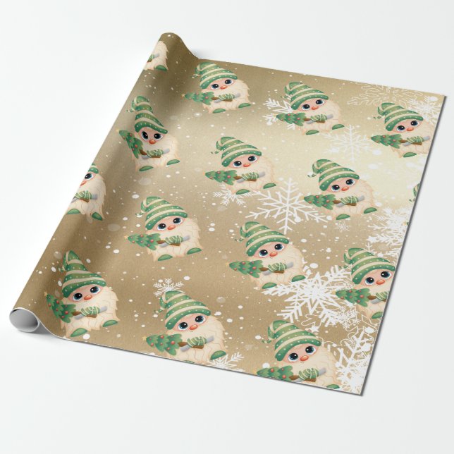 Nordisk Tomte Snöflingor Guld Jul Presentpapper (Utrullad)