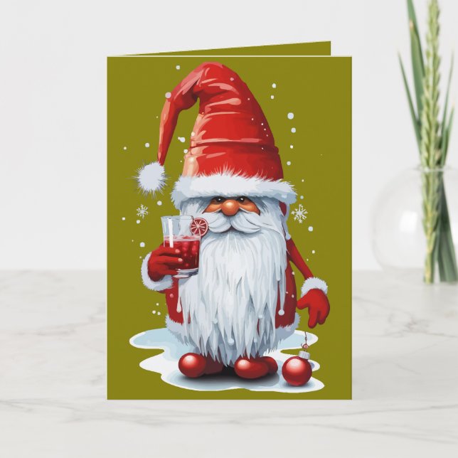 Nordisk Tomte som håller i ett glas granatäppeljui Helgkort (Framsida)