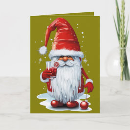 Nordisk Tomte som håller i ett glas granatäpppleju Helgkort