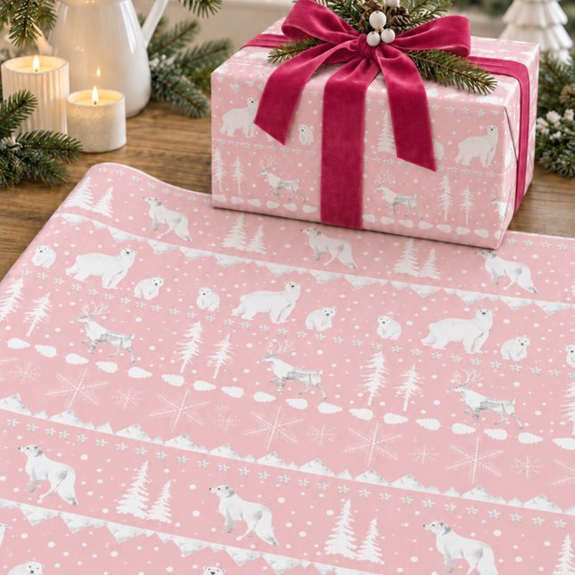 Nordisk Tröja Vit Vinter Djur Snygg Rosa Presentpapper (Skapare uppladdad)