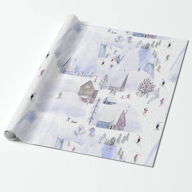 Nordiska bergsbyn Snowy Skiing Presentpapper (Utrullad)